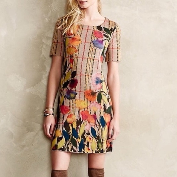 Anthropologie Troubadour Multicolored PlaidFloral Wool Bloomline Sweater Dress S - Picture 1 of 16